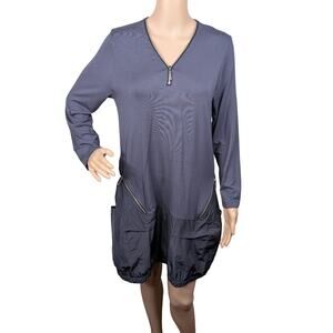 Comfy USA Lantern Dress Bubble Hem Mixed Media Half Zip Purple Gray Pocket Small